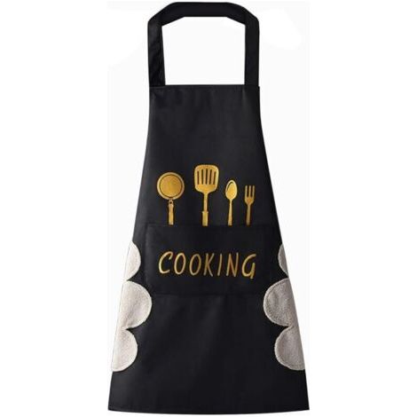 Tablier de cuisine(Noir) pour femme avec poches pour essuyer les mains, grande poche, essuyage à la main, imperméable pour la cuisine et la pâtisserie (1/5)