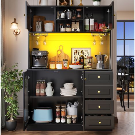 Buffetschrank 120x40x188 cm schwarz aus MDF mit Fluted-Glas, LED-Lichtleiste und großem Stauraum (1/5)