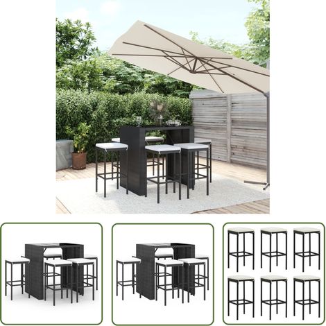 The Living Store Ensemble de bar de jardin 7 pcs avec coussins noir poly rotin - Ensemble Salon De Jardin - Mobilier De Jardin - Set De Bar Extérieur - Table Et Chaises De Jardin - Résine Tressée (1/5)