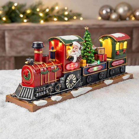 LED Weihnachtsszene Zug mit drehendem Tannenbaum - 38 x 17 cm - Winterstadt bunt beleuchtet per Batterie oder Stecker betrieben