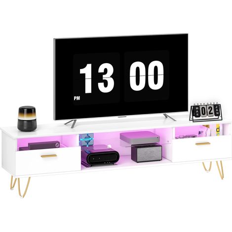 Moderner weißer TV-Ständer mit 16-farbigem RGB-LED-Streifen, geeignet für Fernseher von 42 bis 120 Zoll, Maße 160 x 35 x 42 cm, Multimedia-Ablage