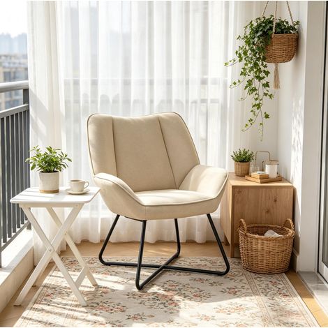 Loungesessel aus Leinen in Beige mit Eisenrahmen, 71 x 85 x 70 cm (1/4)