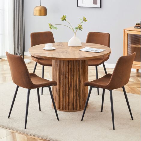 Ensemble table à manger ronde 100 cm avec 4 chaises en tissu marron, plateau MDF effet bois et structure métal noir, design moderne pour salle à manger CHICFURN (1/5)