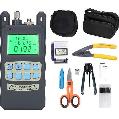 Kit d'outils pour fibre optique FTTH comprenant un connecteur, un wattmètre optique, une pince à dénuder et une pince Miller.