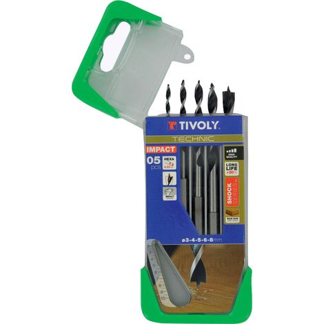 Tivoly • Coffret 5 Forets Bois 3 Pointes • Queue Hexagonale • Ø3mm à 8mm • Pour Forage Bois Durs (1/3)