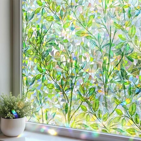 Vitrail Film Fenetre Anti Regard Effet Arc-en-Ciel 30 x 100cm Motif de Feuille Verte Film Electrostatique Vitre Non Adhesif Décoratif Anti UV Brise Vue Fenetre pour Chambre Cuisine (1/5)