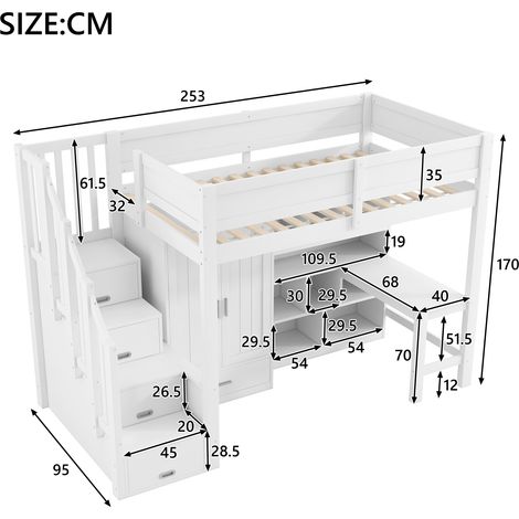 Lit mezzanine 90x200 avec bureau et étagère, armoire, escalier de rangement et éclairages LED, blanc (1/5)