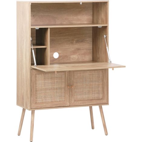 sweeek - Schreibschrank / Sekretär, 2 Türen und Regale, Holzdekor und Rattan-Geflecht (1/5)