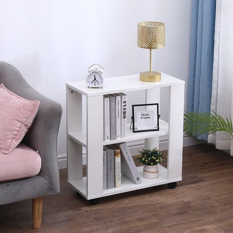FURNITURE HMD Wooden Side Table with Wheels Small End Table with 2 Tiers Shelf,Storage Unit,Livng Room Table,White,60x27x58cm(WxDxH)