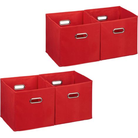 Set of 4 Relaxdays Storage Boxes, No Lids, With Handles, Folding, Square Shelf Bins, 30 x 30 x 30 cm, Red