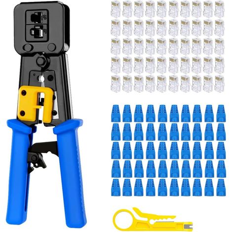 rj45 ethernet crimping kit, cat5 cat5e cat6 crimping kit with 50pcs cat6 connectors, 50 covers, stripper (1/5)
