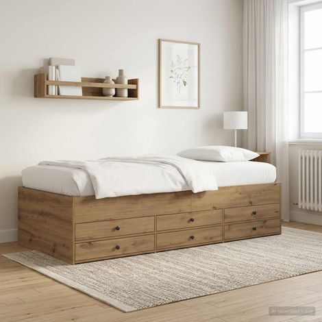 Cadre de lit 80 x 200 cm avec rangement en bois d’ingénierie, chêne artisanal - PANGIVO (1/5)