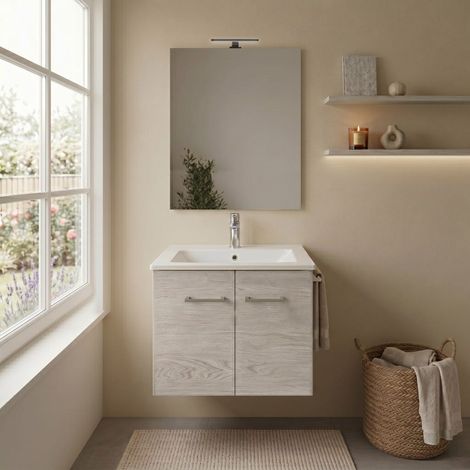 Mobile Bagno Sospeso Rovere Bianco 60Cm Con Specchio E Lavabo  Square (1/4)
