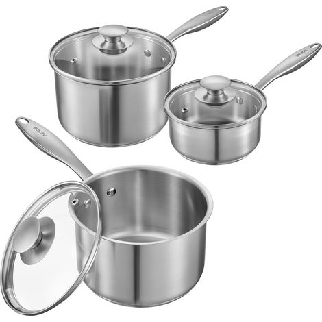 Ensemble de Casseroles en Acier Inoxydable 0,95/1,9/2,8 L, Antiadhésive, avec Couvercle en Verre et Poignée Ergonomique, Lavable au Lave-vaisselle, Compatible avec Four et Plaque à Induction (1/5)