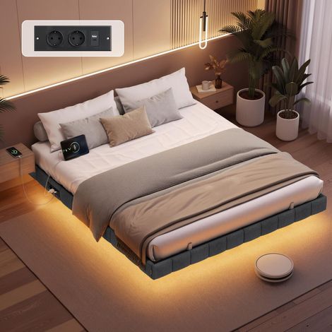 VASAGLE Struttura Letto Effetto Fluttuante 160 x 200 cm, Bordi Imbottiti, LED, 2 Prese AC, 1 Porta USB-A, 1 Porta USB-C, 1 Porta USB-A sul Retro, Portata 500 kg, Grigio Ardesia RMB165G101 (1/5)