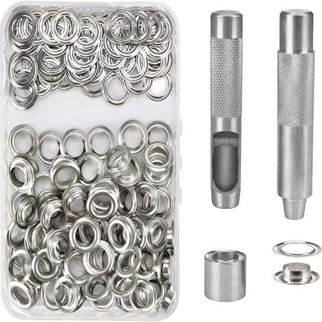 100 Kit de Grommets Eyelets Outils Metal Ensembles Oeillets 14mm Grommet Kit Oeillet pour Toile Bache Tente de Réparation Argent (1/5)