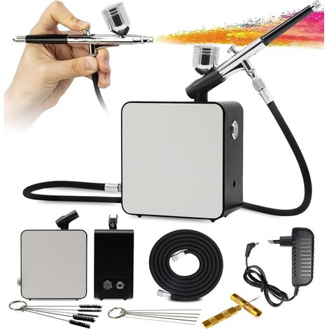 Kit aérographe avec compresseur 40 PSI avec tuyau de 3 mètres - Kit Air-Brush Double Pistolet AG-102K - Multifonctionnel pour modélisme, tatouage, gâteaux, bronzage et plus (1/5)