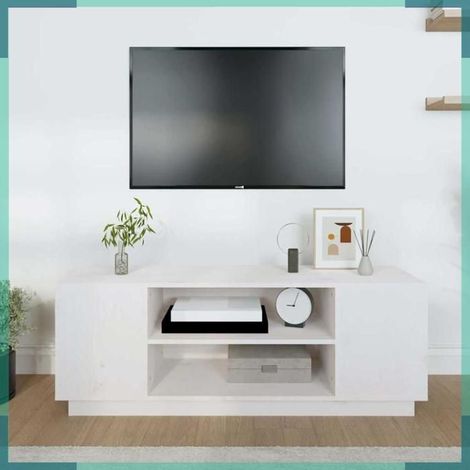 Meuble TV - 814410 - Blanc - 110 x 35 x 40,5 cm - Bois de pin massif (1/5)