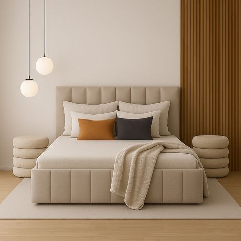 Polsterbett nach Maß 90x200 Beige Boucle Stoff Bett mit Metall - Lattenrost mit Stauraum (1/5)