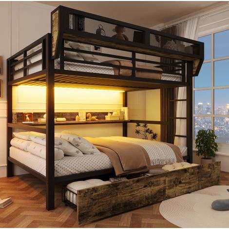 Letto a castello 140x200 cm in metallo e MDF nero con ripiani, cassetti e LED (1/5)