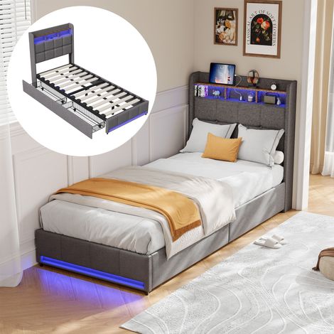 Letto con cassetti 90x200 cm, singolo, letto singolo con stoccaggio, 2 cassetti, illuminazione LED, mensole, USB-A/C, rete a doghe in legno, struttura in metallo, letto imbottito in lino – Grigio