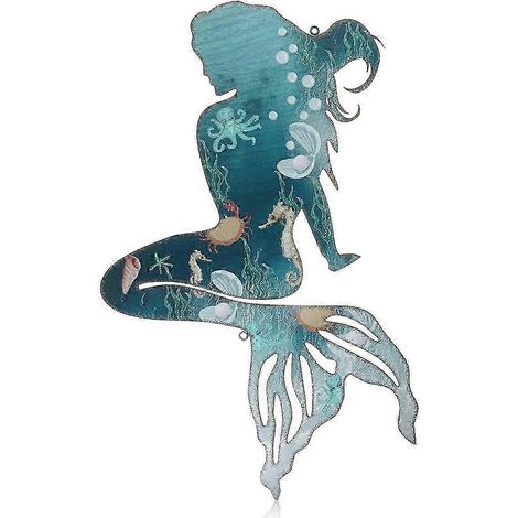 Décoration murale sirène en métal de style rétro, ornement mural sirène à suspendre, figurine sirène en métal bleu, sculpture sirène élégante, 25 cm. (1/5)