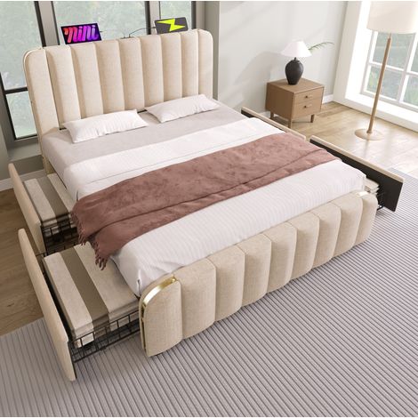 Letto matrimoniale 215x167x101 cm, testiera con USB e Tipo C, 4 cassetti, lino beige (1/5)