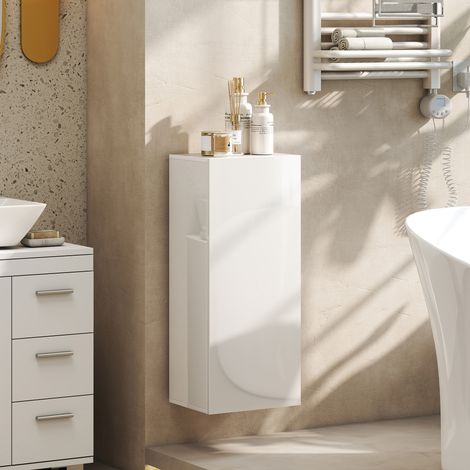 Meuble Mural de Salle de Bain, Étagère Réglable en Verre Trempé, Porte sans Poignée, Moderne, 30x23,4x71,2cm, Blanc (1/5)