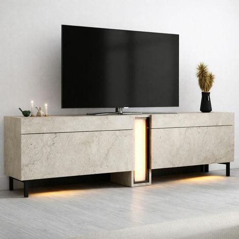 Meuble TV 2 portes décor travertin à colonne LED AURA