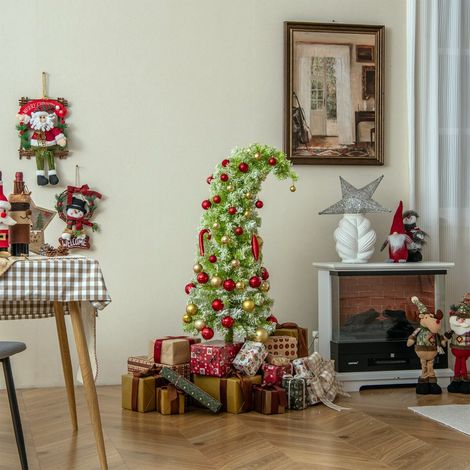 Sapin de Noël artificiel pré-éclairé 180 cm avec pointe flexible, 290 branches, 120 LED blanc chaud, 8 modes, forme fine incurvée crayon (1/3)