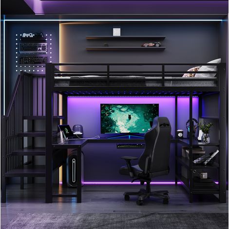 Gaming-Hochbett 120x200 cm Metall/MDF schwarz mit U-Schreibtisch – MEUBLIV (1/5)