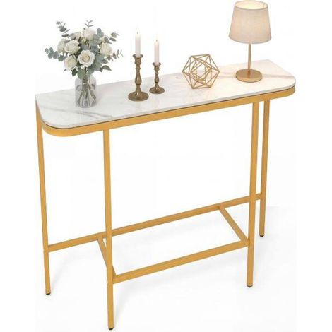 Table console canapé avec grand plateau, effet marbre blanc et cadre métal, pour entrée, couloir ou salon (1/5)