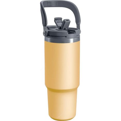 (Jaune, 1050 ml) Bouteille d'eau isotherme à double paroi en acier inoxydable avec poignée et paille, adaptée aux boissons chaudes et froides. (1/5)