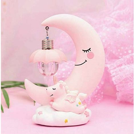 LED Veilleuse Résine Lune Licorne Dessin Animé Bébé Lampe de Chevet Enfants Enfant Fille Jouet Cadeau De Noël Décoration de Chambre Enfant (Rose)