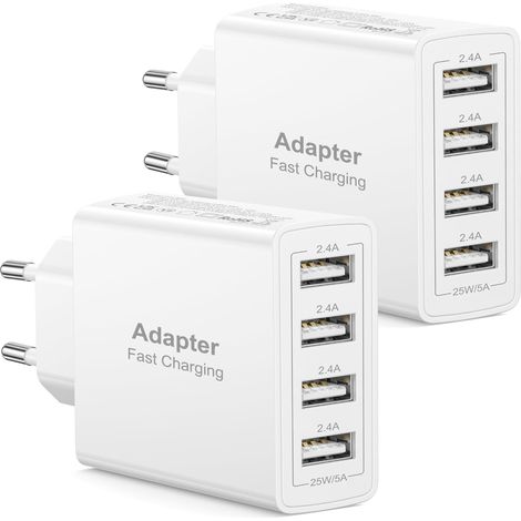 Chargeur USB Paquet de 2, Prise USB Multiple 4 Ports 25W/5A Chargeur Rapide, Prise Multiple Secteur Adaptateur Secteur pour 17 16 15 14 13 12 11 Pro Max XS XR 8, Galaxy S25 S24 S23 S22 (1/5)