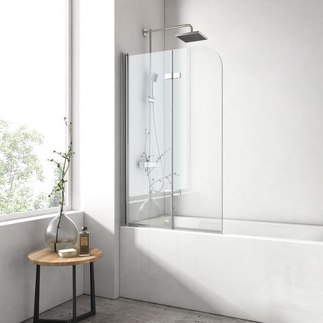 EMKE Badewannenfaltwand 140x110 cm Chrom, 2-teilig faltbar, abgerundet, Badewannenaufsatz 6mm ESG Glas & Nano