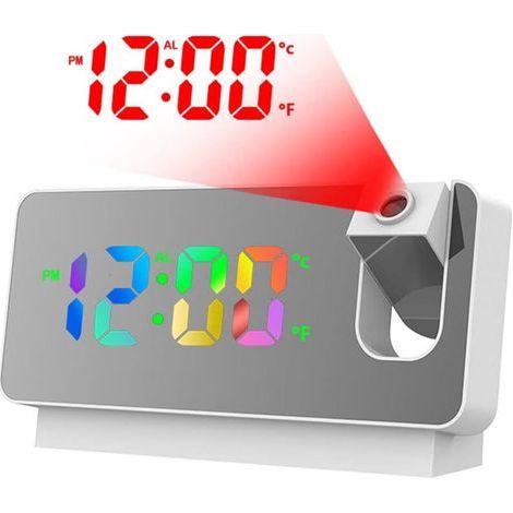 Digital mirror alarm clock with projection and temperature display, large LED screen, USB functionality, white case and coloured lights. (1/5)
