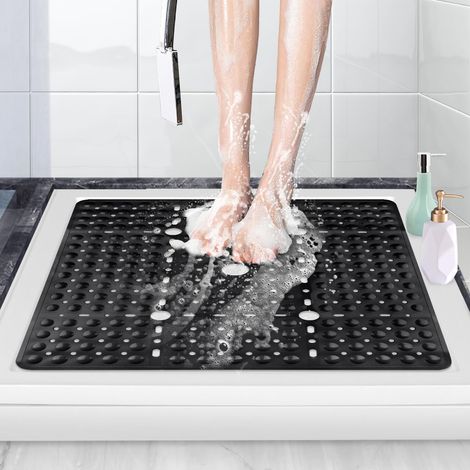 Tapis de douche antidérapant 70x70cm grand tapis carré avec ventouse puissante, PVC anti-moisissure – lavable machine noir