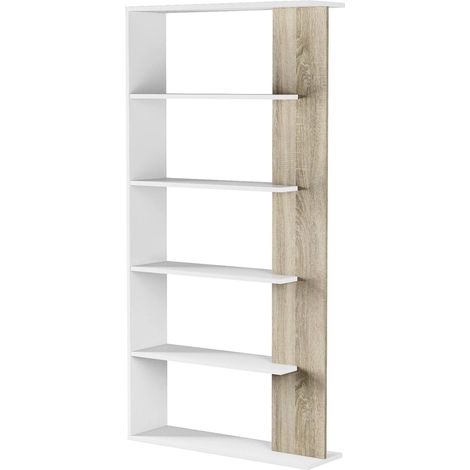 Libreria Columbia, Mobile portalibri bifacciale a 5 ripiani, Scaffale divisorio da ufficio o cameretta, 90x25h180 cm, Bianco e Rovere (1/5)