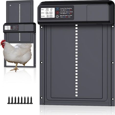 Poulailler Porte Automatique Électrique à Piles avec Minuteur & Écran LCD Sécurité Anti-pincement Aluminium Étanche IPX4 Facile à Installer et Utiliser (1/5)