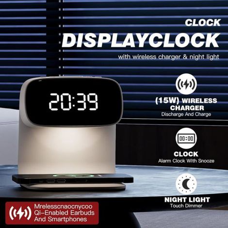 Réveil Numérique - Station De Charge Sans Fil 15 W - Veilleuse Tricolore Tactile - Pour Chambre Et Salon - 1 Pièce (1/3)