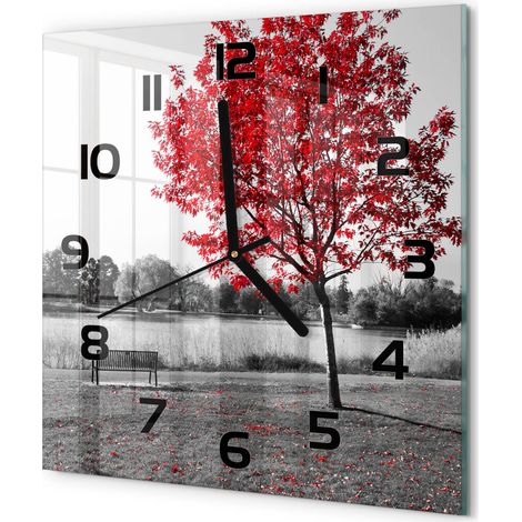 Horloge Murale Carrée Originale Verre Trempé Décoration Maison Moderne Arbre rouge 30x30 cm (1/5)