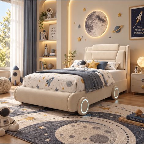 MODFU – Lit enfant voiture 90x200 cm velours et peuplier – Tête réglable et roues à bandes lumineuses – Charge 150 kg, 2 colis – Chambre – Beige (1/5)