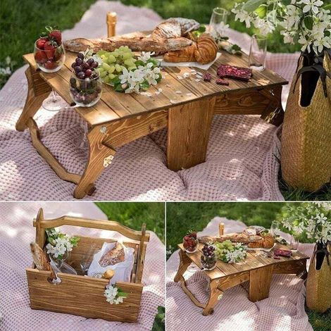 – Table de pique-nique pliable imitation bois 2 en 1 – Panier de rangement convertible avec 4 emplacements pour verres – Compacte pour extérieur (1/2)