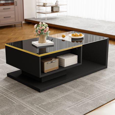 Table basse 90x50x32.5 cm plateau brillant avec effets verre et LED, panneau de particules, noir (1/5)