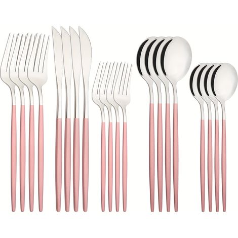 20-teiliges Besteckset aus rosa und silbernem Edelstahl mit rosa Griffen für 4 Personen, inklusive Messer, Gabeln und Löffel