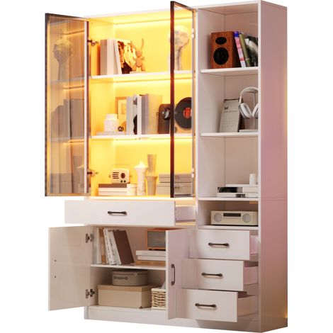 CHICFURN Vitrina alta 120x35x200 cm de aglomerado y cristal blanco, LED, 4 cajones (1/5)