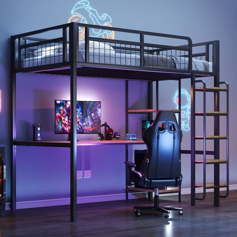 Lit mezzanine métal 90x200 cm noir,échelle sécurité,table et étagères,clôture treillis métallique,lit simple de camp compact et robuste