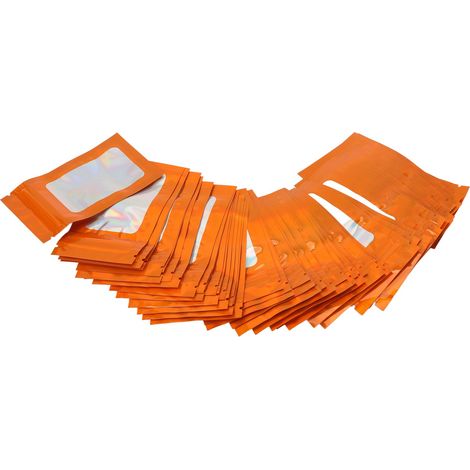 100 sachets de rangement alimentaire holographiques réutilisables, refermables avec zip, trou de suspension, orange (1/5)