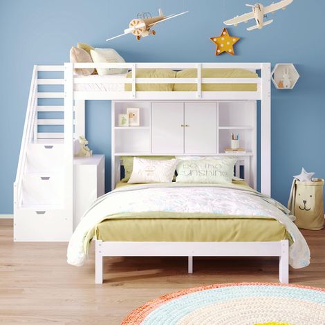 Lit superposé avec étagère de rangement, 90200cm+140200cm, lit enfant multifonctionnel, avec escalier de rangement et table de chevet amovible, grand espace de rangement